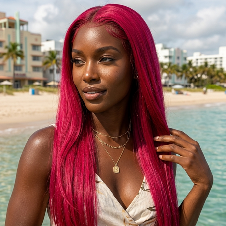 black woman wearing Straight 15A Transparent 13x4 Full Frontal 180 Density Burgundy
