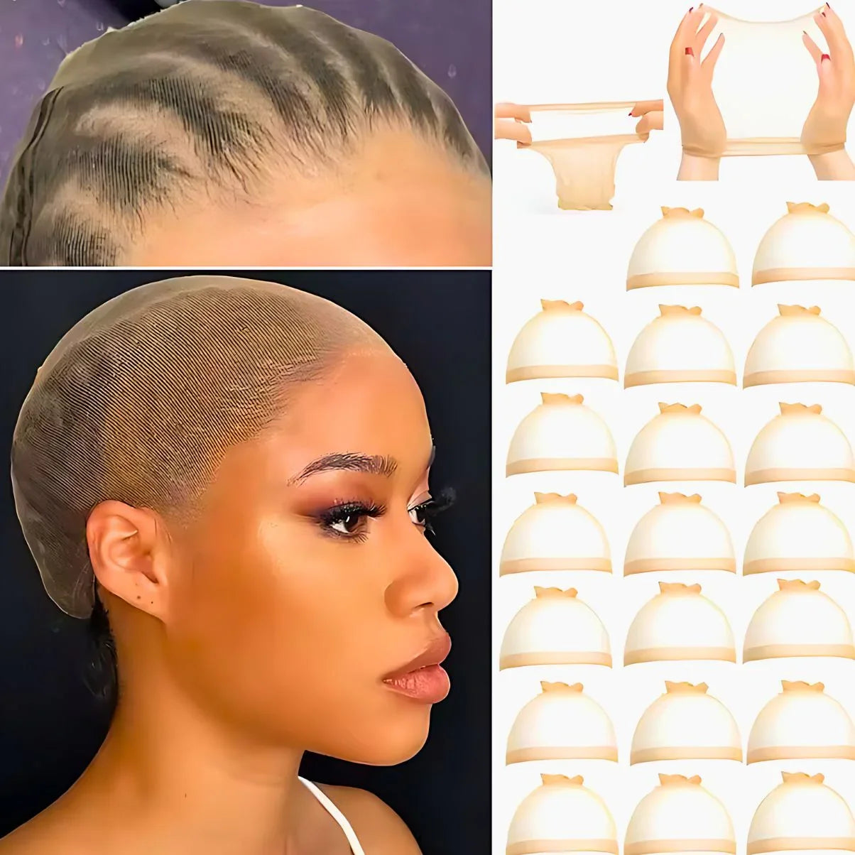 Lace wig cap with natural hairline, stretchy wig liner, and multiple wig caps for styling
