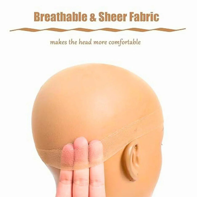 Breathable sheer wig cap fabric for comfort, shown on mannequin head with hand touch