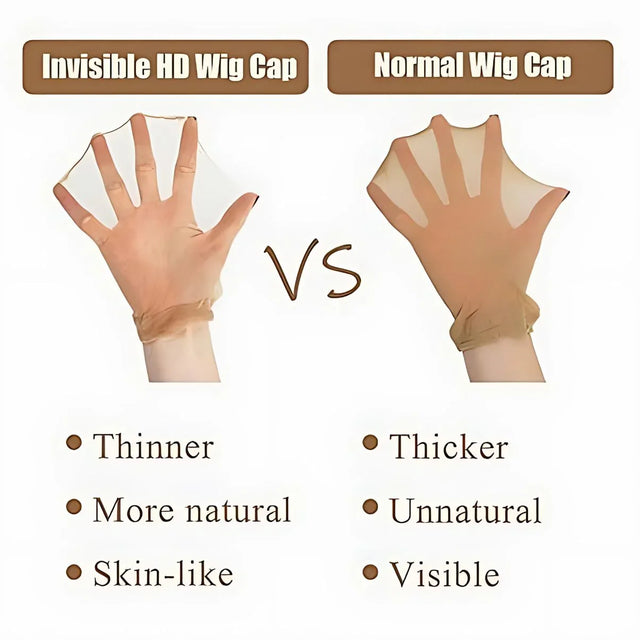 Invisible HD wig cap vs normal wig cap: thinner, skin-like, natural vs thicker, visible, unnatural