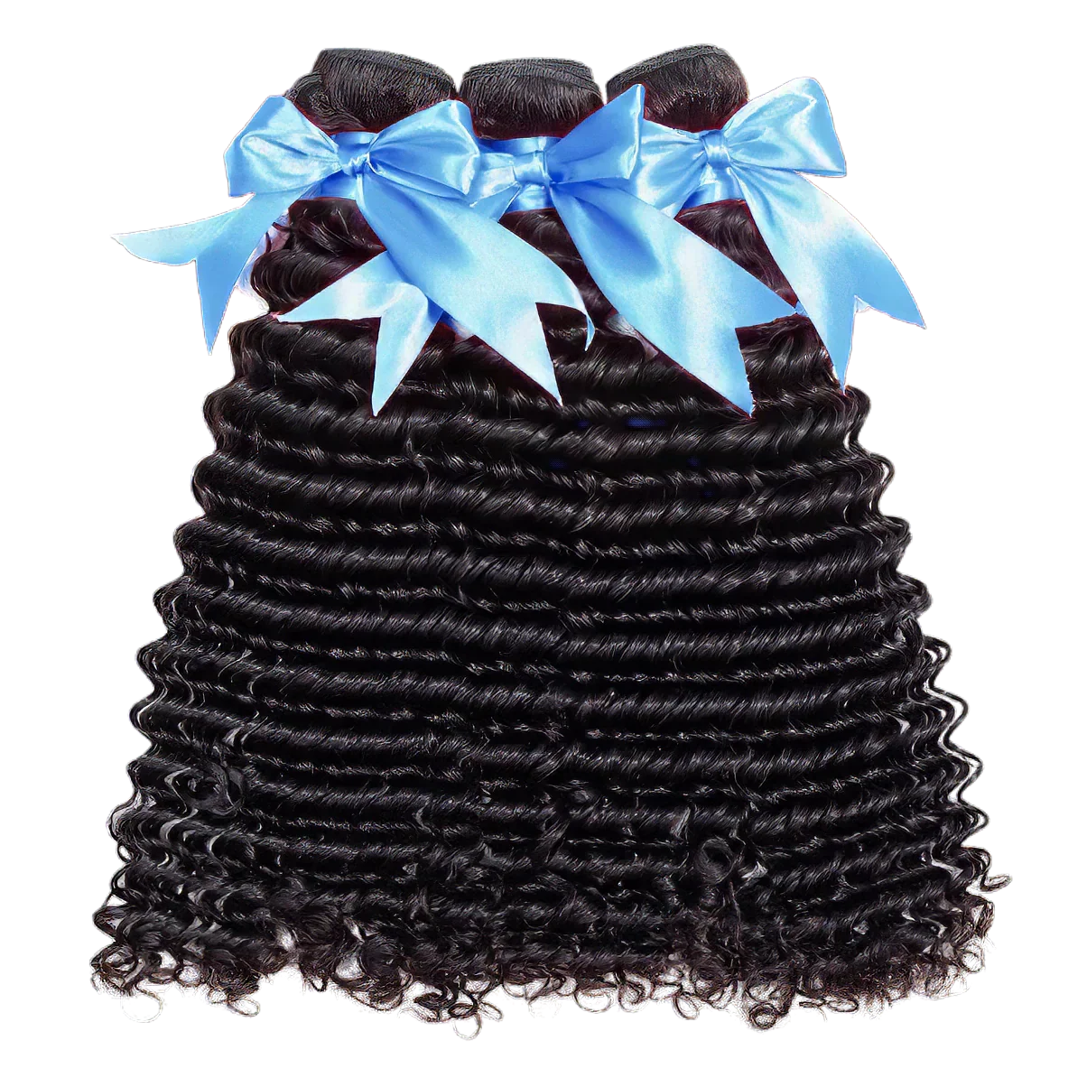 Deep wave human hair bundles with blue satin bows, premium quality for natural styling
