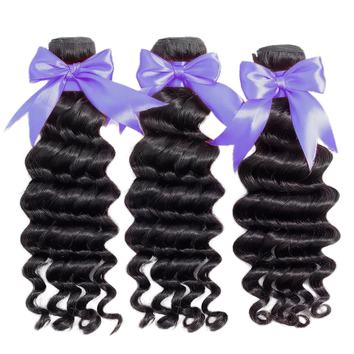 Three bundles of deep wave human hair with purple bows, ideal for natural styling and extensions.