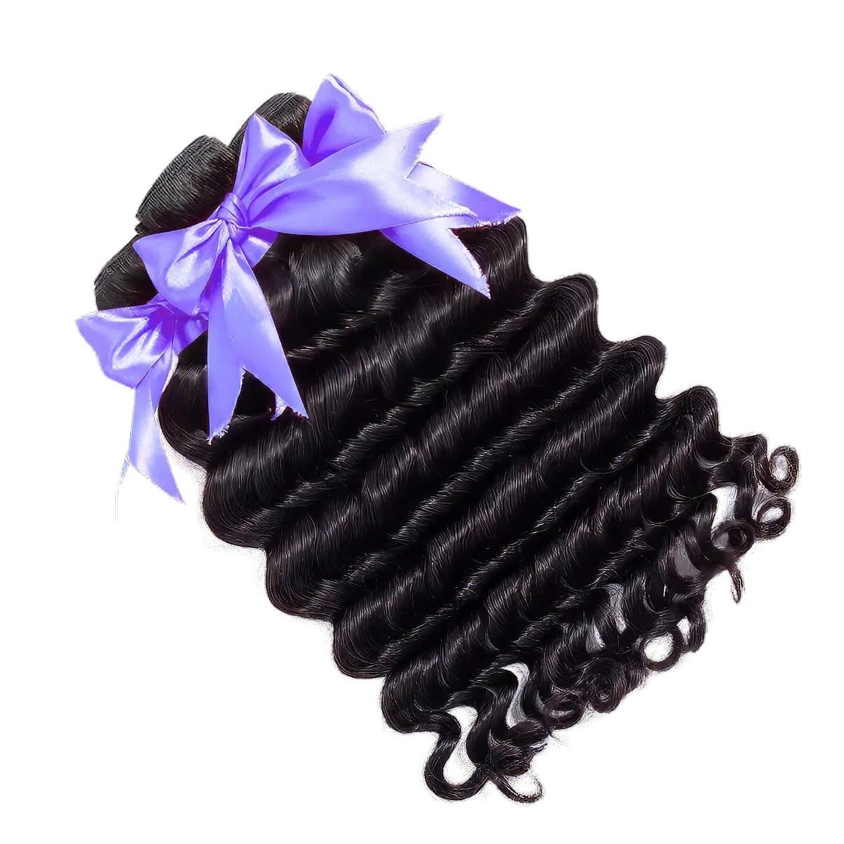 Black human hair bundles with deep waves, tied with purple ribbon for styling