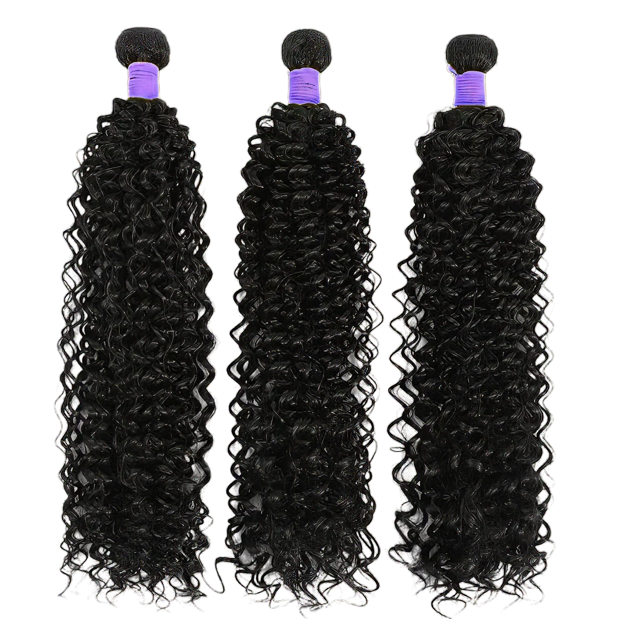 Three bundles of deep curly human hair extensions with purple weft bands, ideal for natural styling and volume.
