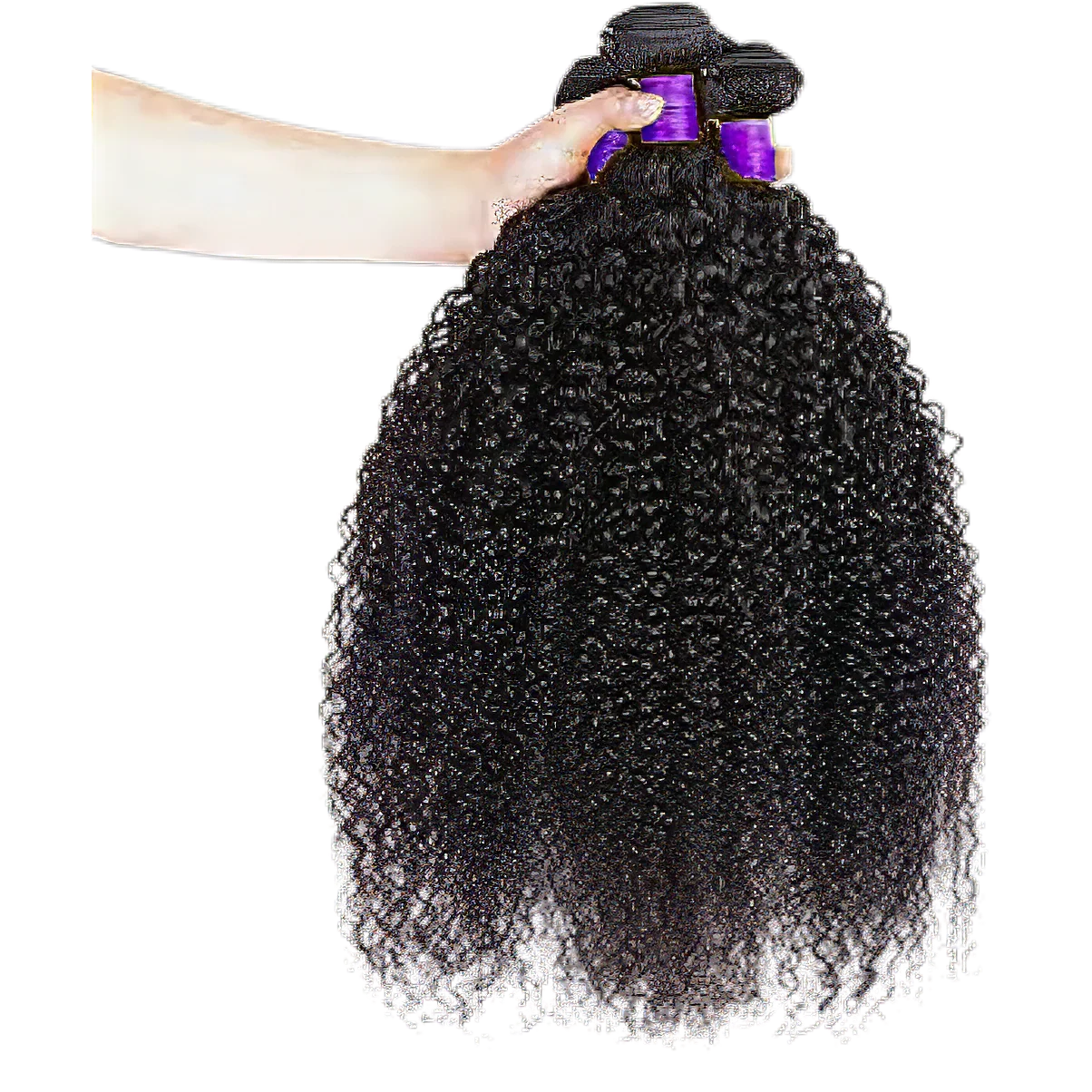 Hand holding kinky curly human hair bundles with purple weft, ideal for natural styling and volume.