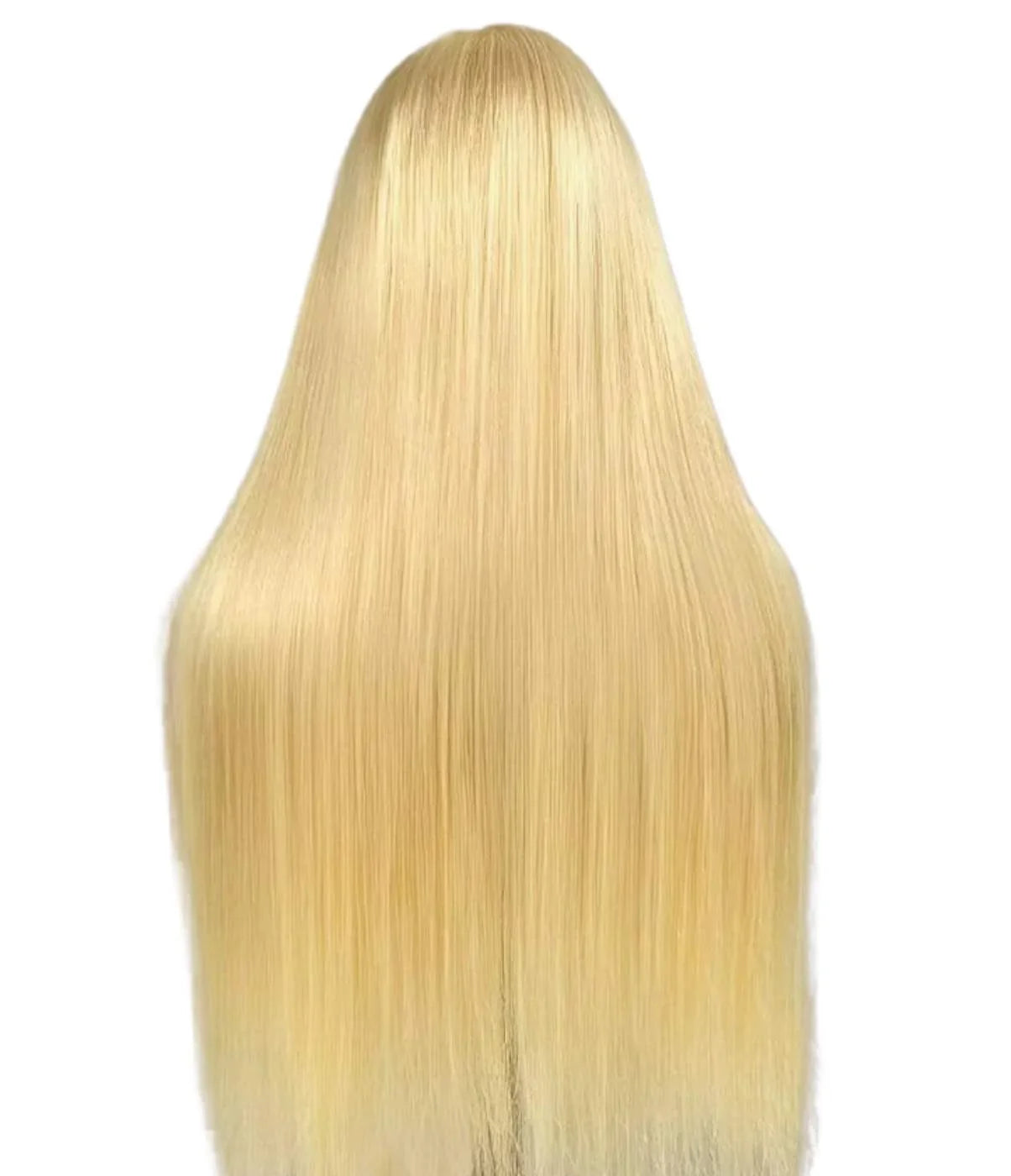 Blonde human hair wig with sleek, straight long strands for natural styling