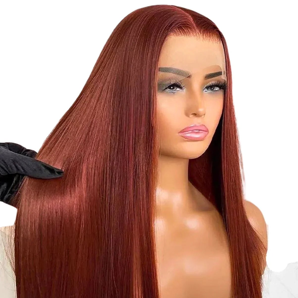 A striking long red wig on a dark backdrop, highlighting the rich auburn tones and human hair glueless auburn HD lace front wig.