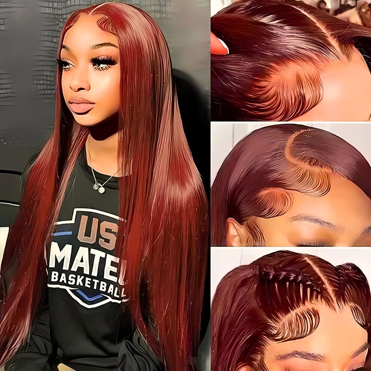 A black woman with red hair highlights her hairstyle from the side, wearing a 100% human hair glueless auburn HD lace front wig.
