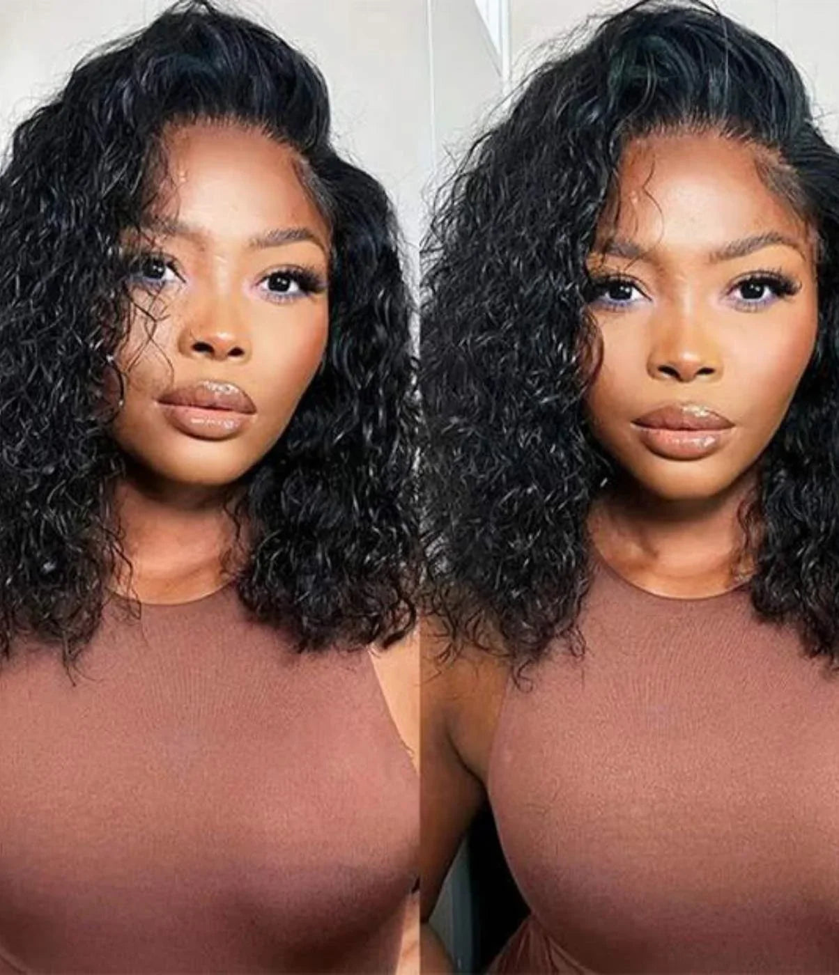 Natural curly human hair wig with lace front, styled in voluminous waves for everyday wear