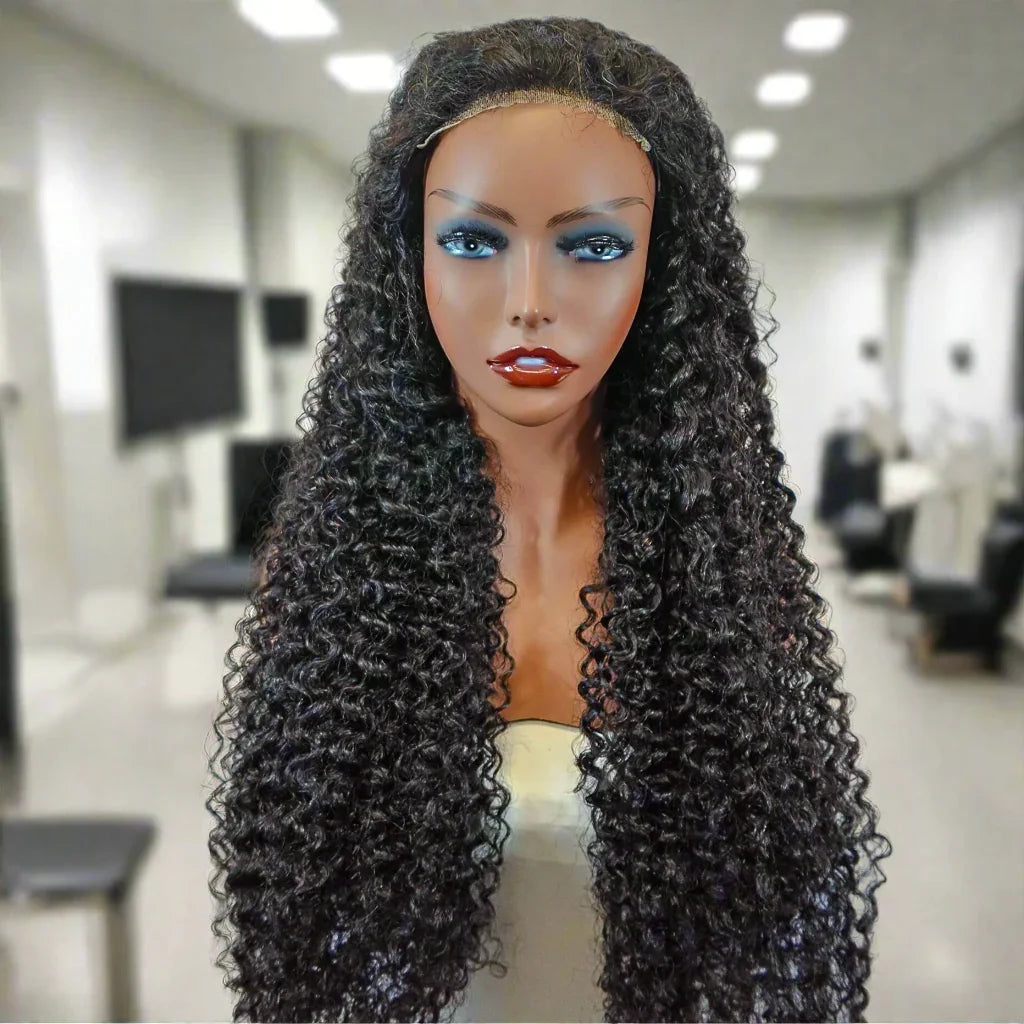 Long curly human hair wig with lace front on mannequin, natural styling for everyday wear