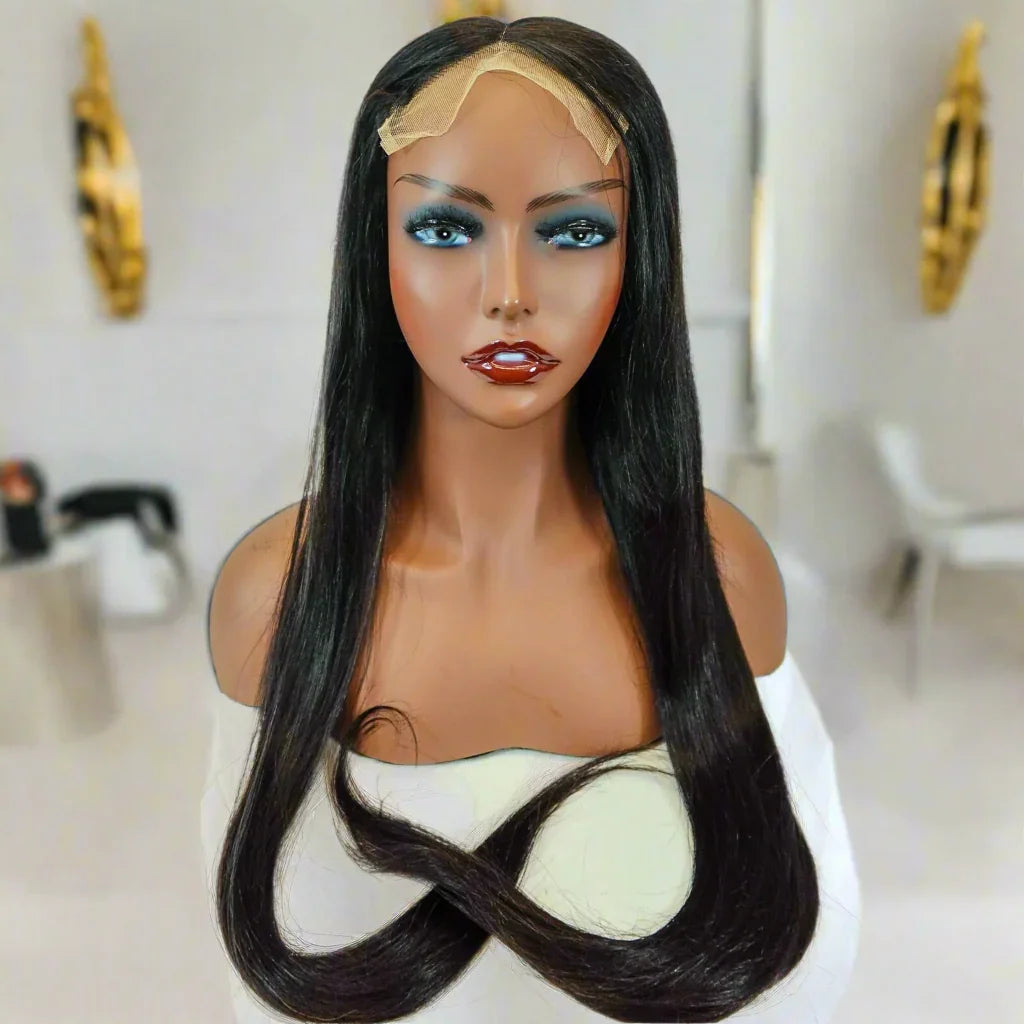 Long straight human hair lace front wig on mannequin, natural styling for versatile looks