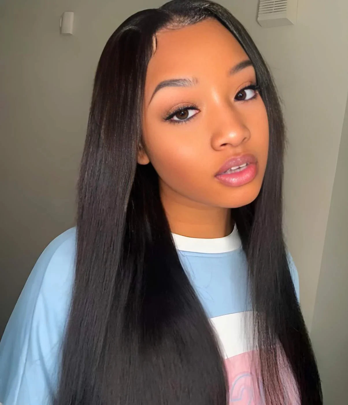 Natural straight human hair wig with seamless lace front, perfect for everyday styling and volume.