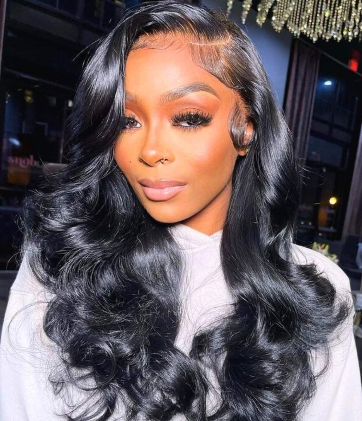 Black body wave human hair wig with lace front, natural styling for everyday wear