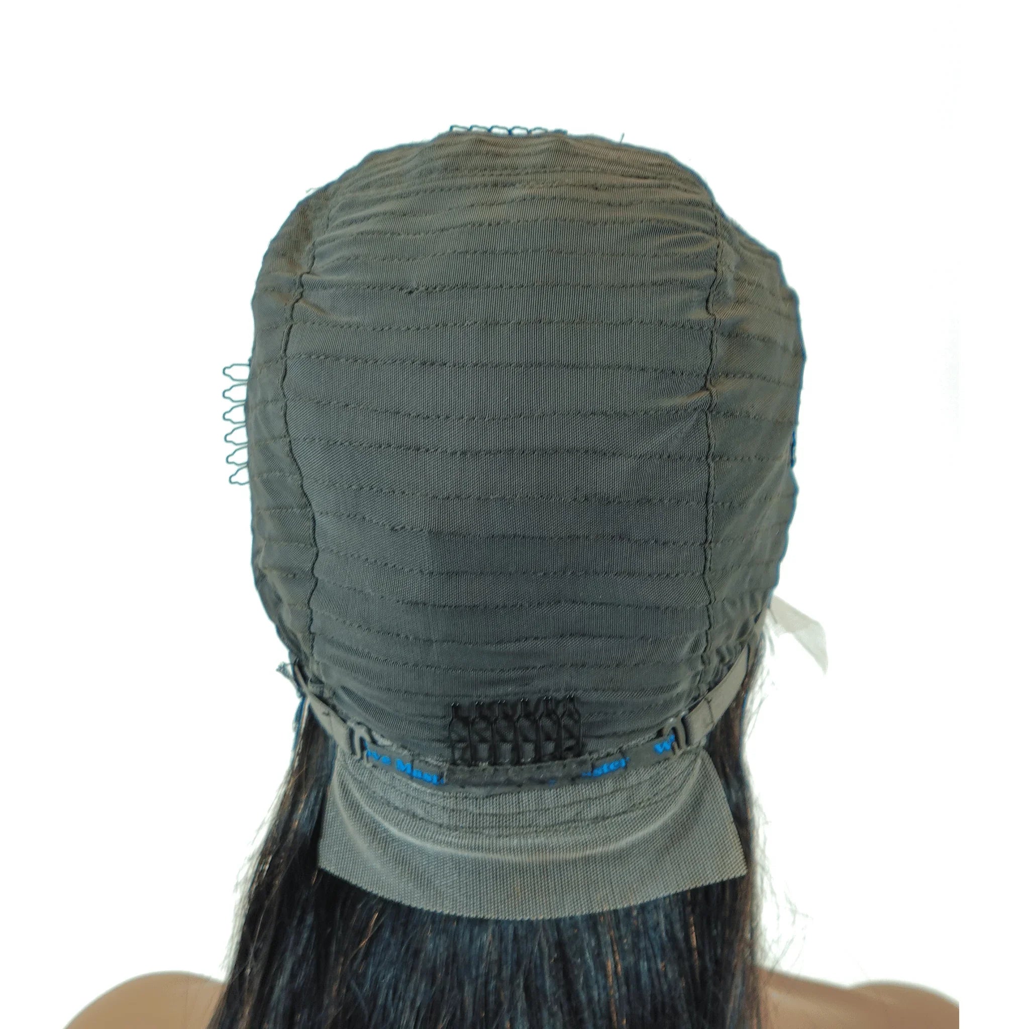 Back view of human hair wig cap with adjustable straps and breathable mesh lining for comfortable fit
