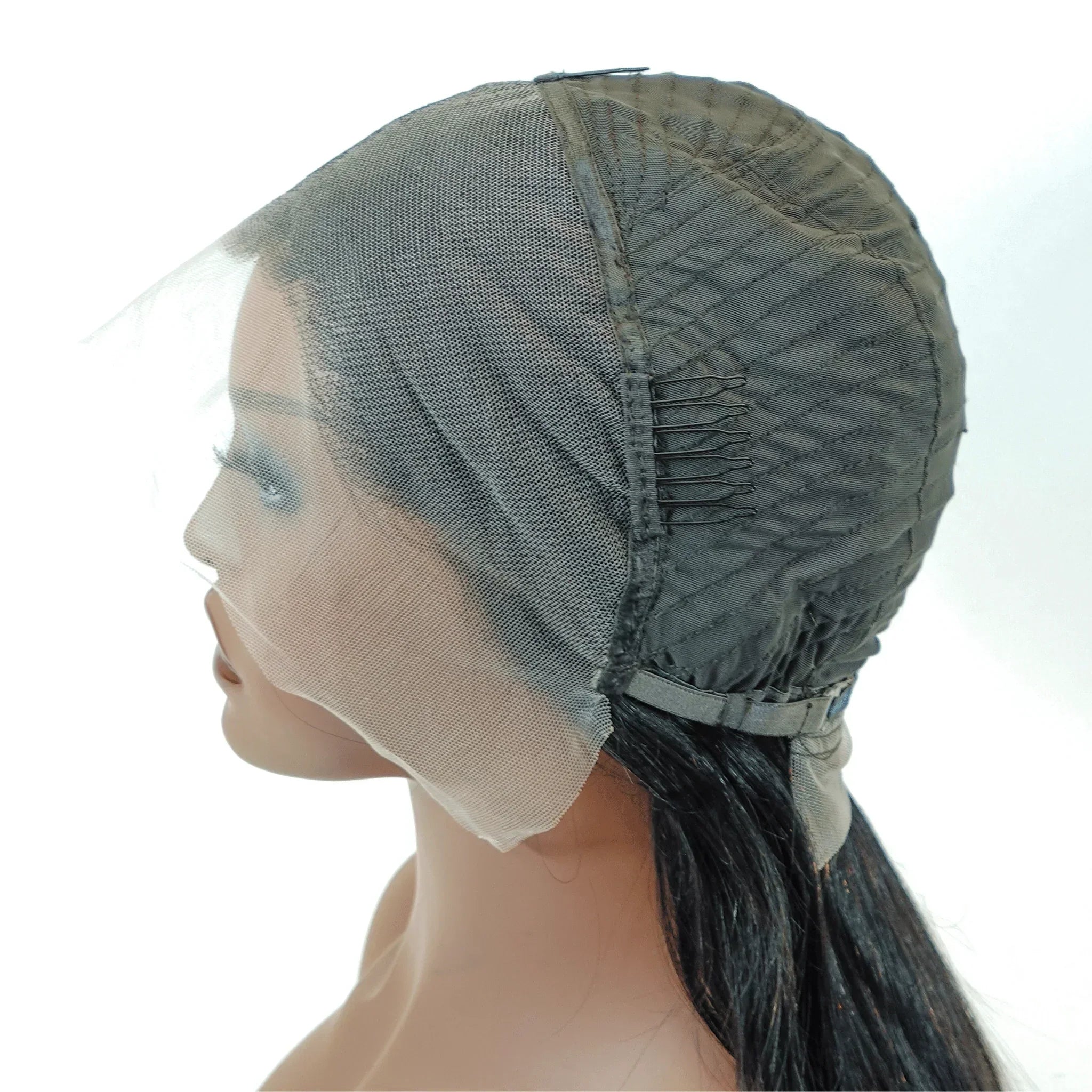 Lace front wig cap with adjustable straps and combs, showcasing breathable mesh construction for natural styling