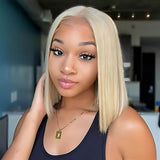 Chic blonde bob wig featuring 180% density and HD lace for a natural look, made from 100% human hair and designed for a flawless, glueless fit.