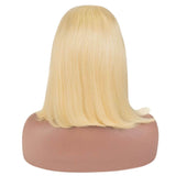 Back view of a short blonde bob wig, showcasing its sleek style and 180% density for a natural look, made from 100% human hair and designed for a flawless, glueless fit.