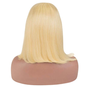 Back view of a short blonde bob wig, showcasing its sleek style and 180% density for a natural look, made from 100% human hair and designed for a flawless, glueless fit.