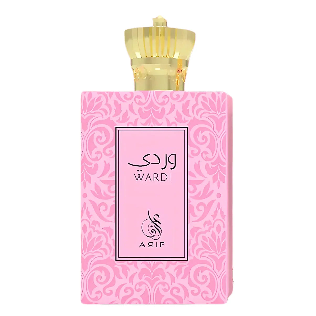 Pink ornate perfume bottle with gold cap, labeled Wardi by Arif, luxury fragrance design
