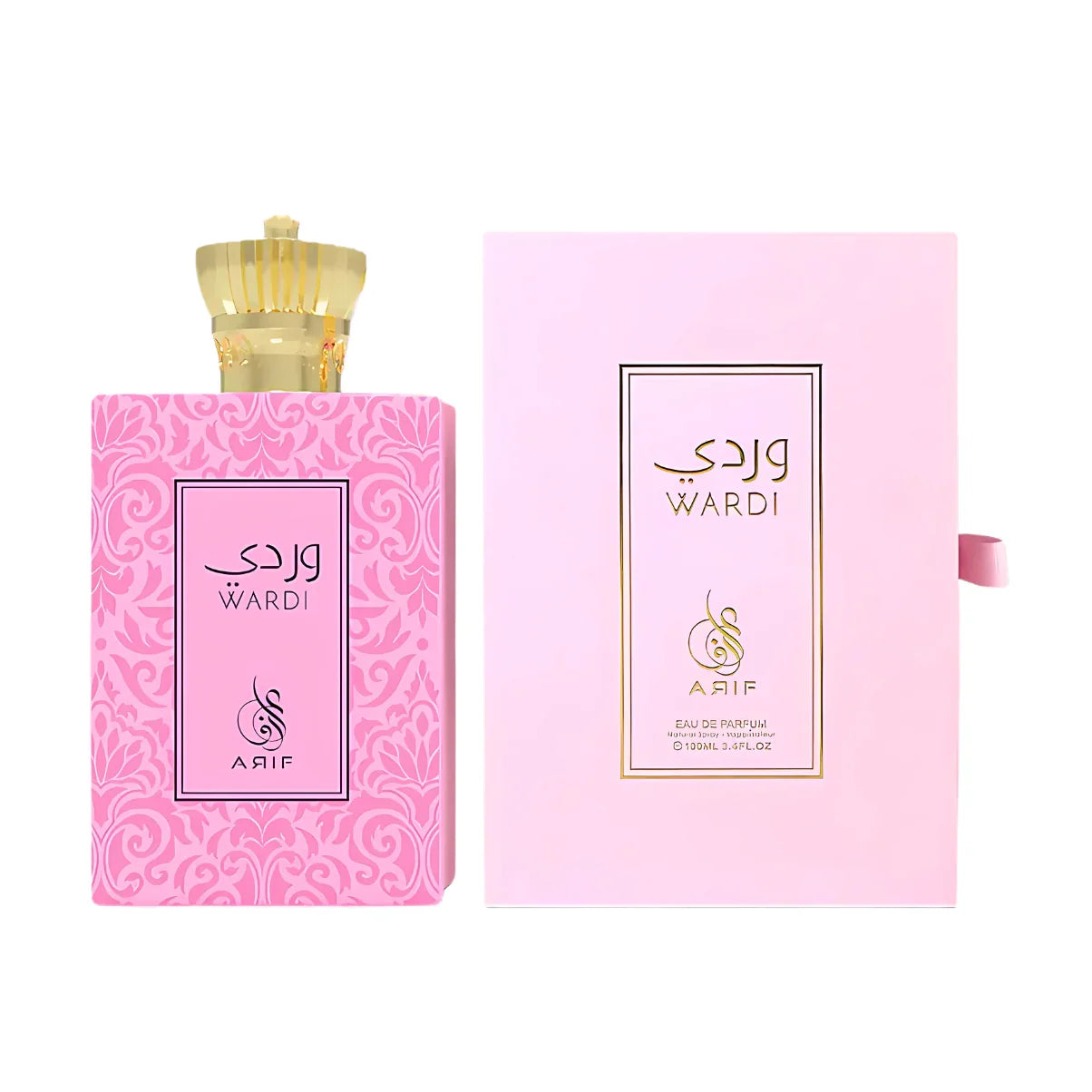 Wardi Eau de Parfum by Arif — pink floral bottle with gold cap, 100ml luxury fragrance