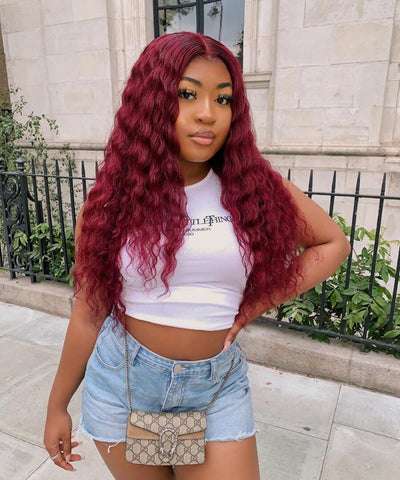 15A Grade Dark Burgundy/99J Deep Wave 13x4 Lace Front Wig Super Natural Hair Line