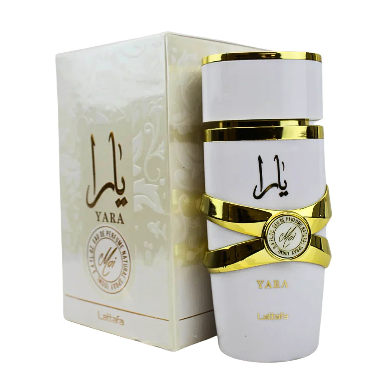 Yara by Lattafa perfume bottle and box, white and gold design, 100ml eau de parfum