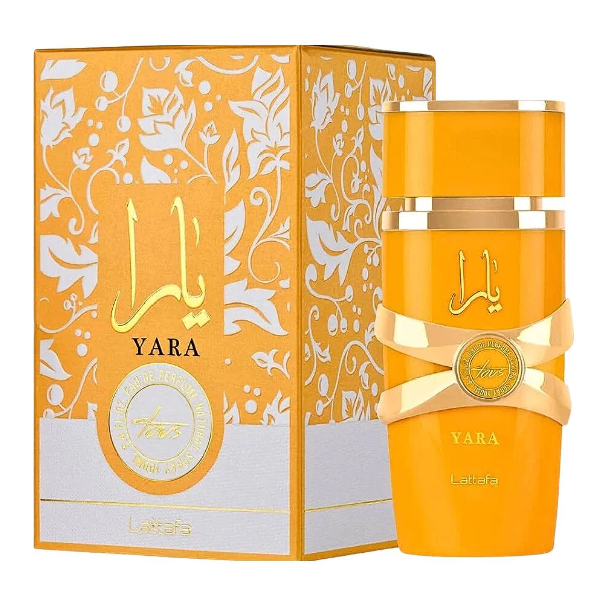 Yara by Lattafa perfume bottle and box, golden floral design, luxury fragrance