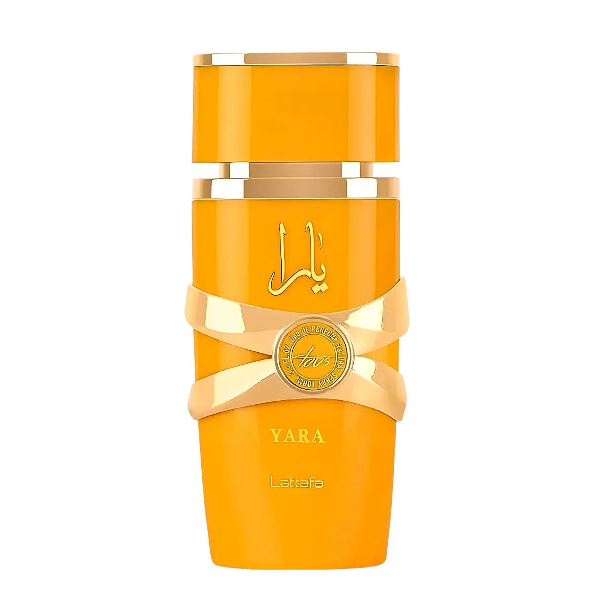 Vibrant orange Yara perfume bottle by Lattafa with gold accents and Arabic script, luxury fragrance design