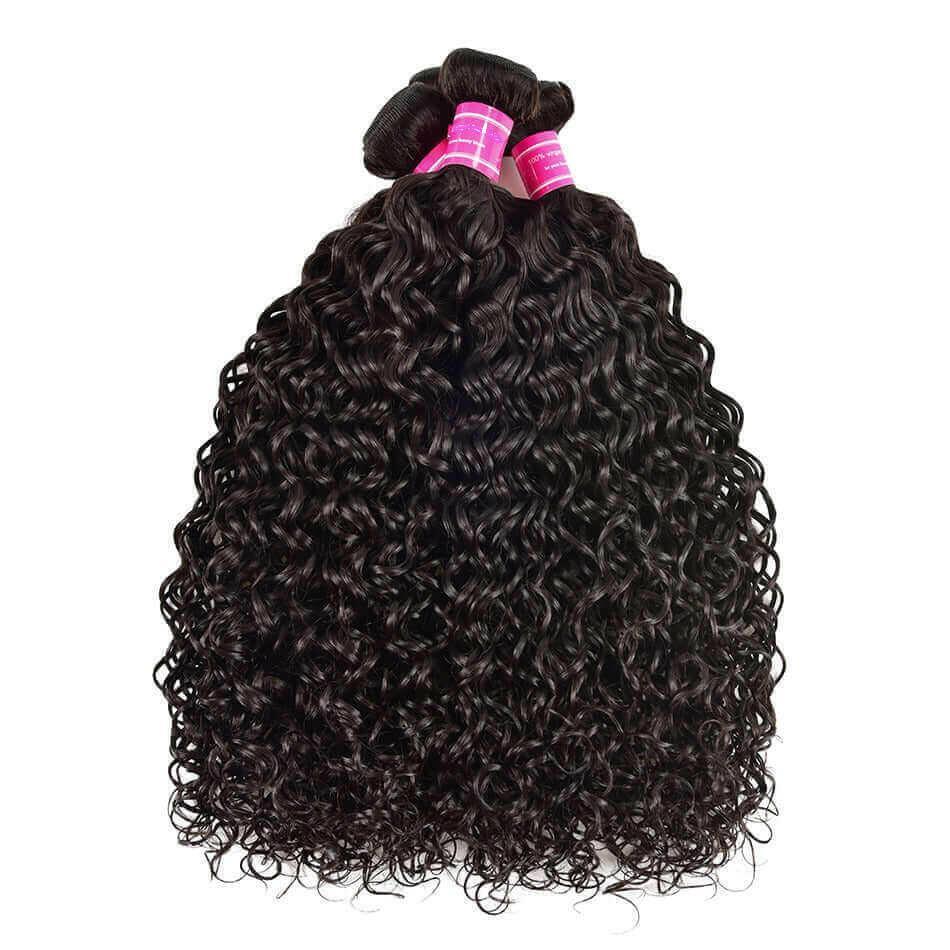 Deep curly human hair bundles with pink labels, ideal for natural styling and extensions