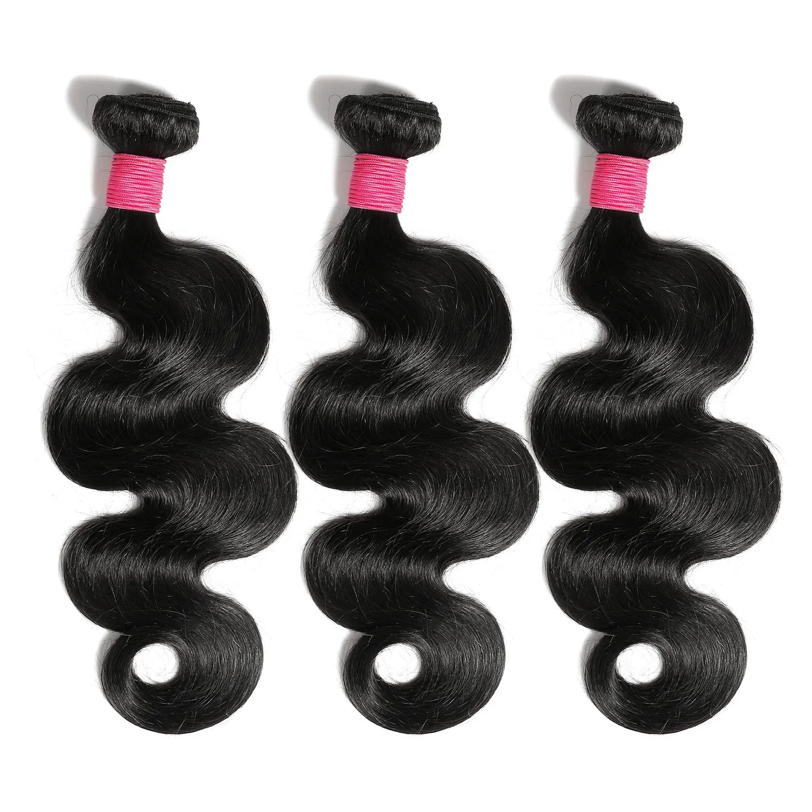 Three bundles of black body wave human hair with pink bands, ideal for natural styling and extensions.