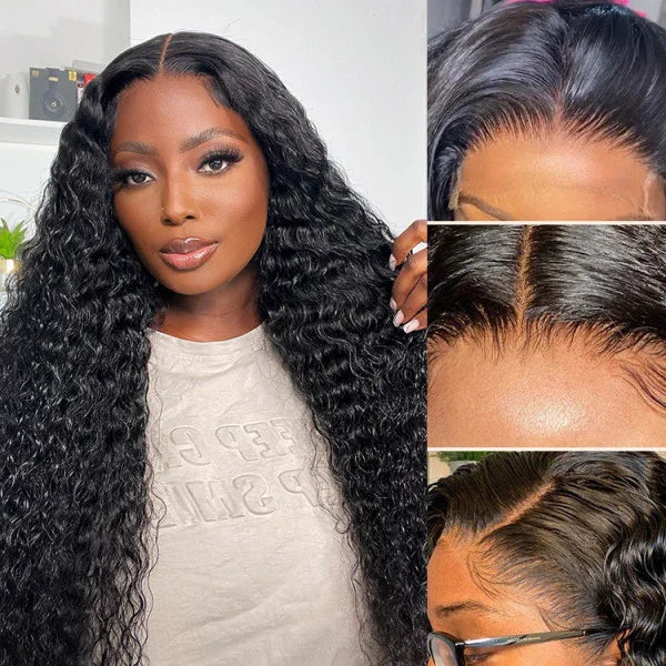 Natural-looking human hair wig with deep waves and seamless lace front, styled for realistic scalp appearance