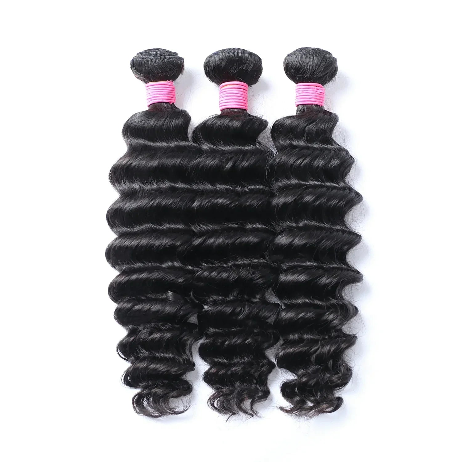 Three bundles of deep wave human hair with pink bands, ideal for natural styling and extensions.