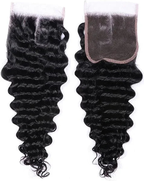 Deep wave human hair bundles with lace closure, natural black curls for seamless styling