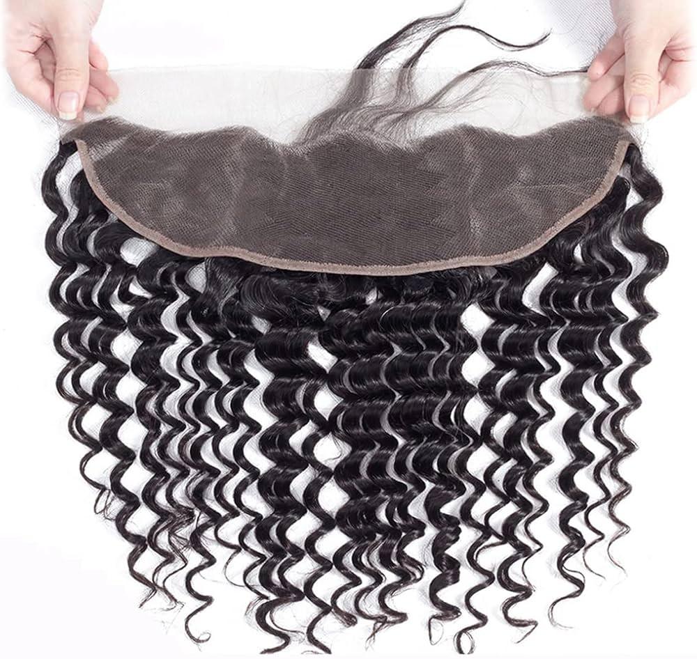 Deep wave human hair lace frontal with natural-looking curls and transparent closure