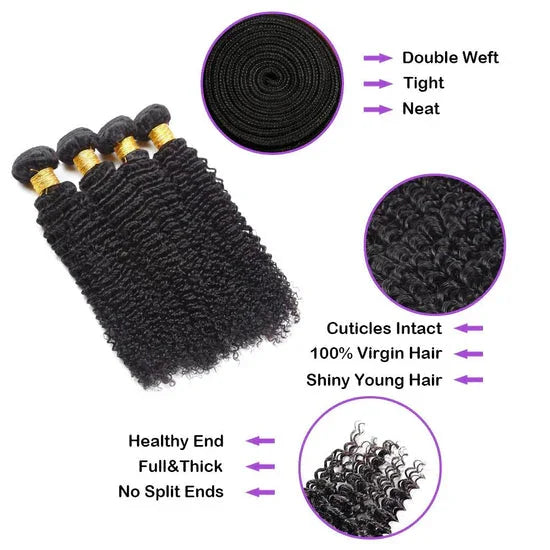 100% virgin human hair bundles with double weft, shiny curls, and healthy ends for natural styling