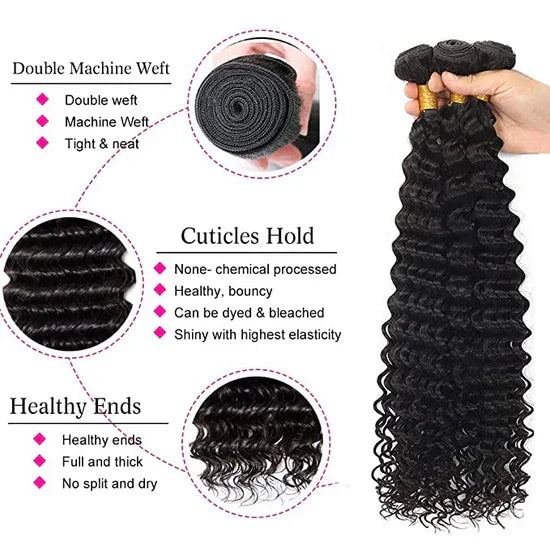 Deep wave human hair bundles with double machine weft, healthy cuticles, and thick ends for natural styling