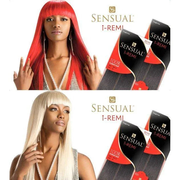 Sensual i-Remi human hair bundles in vibrant red and platinum blonde, styled with sleek straight cuts and bangs