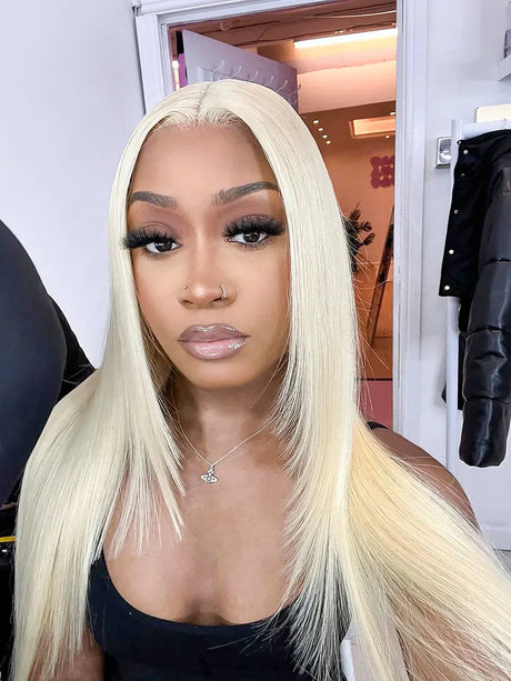 Blonde human hair wig with sleek straight style, natural lace front, perfect for everyday wear and styling.