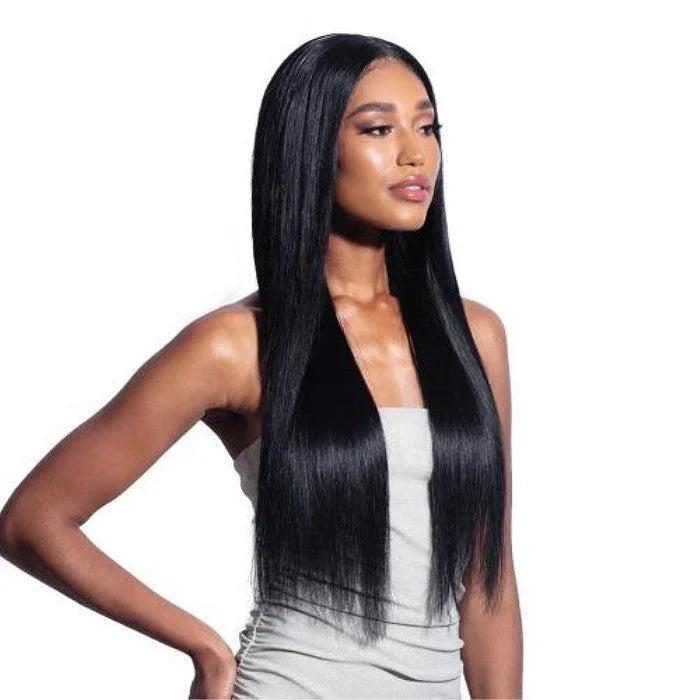 Long straight human hair wig with natural sleek finish, perfect for everyday styling and volume