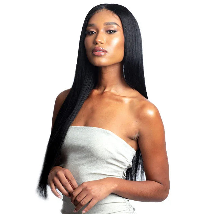 Long straight human hair wig with natural sleek finish, perfect for versatile styling