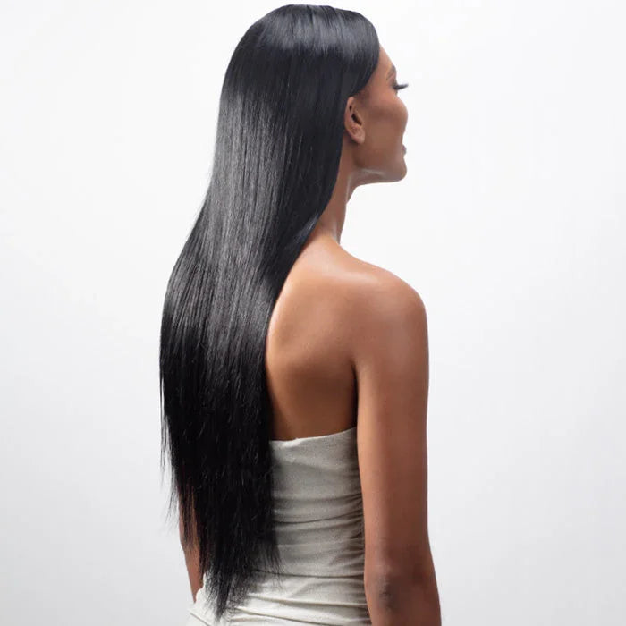 Long straight black human hair wig, sleek natural look for styling