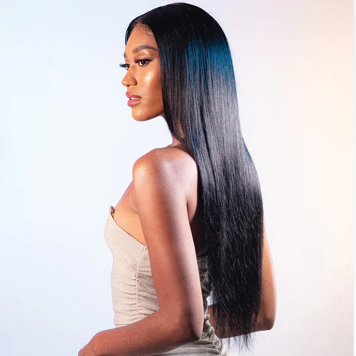 Long straight human hair wig with blue ombre highlights, natural styling for versatile looks