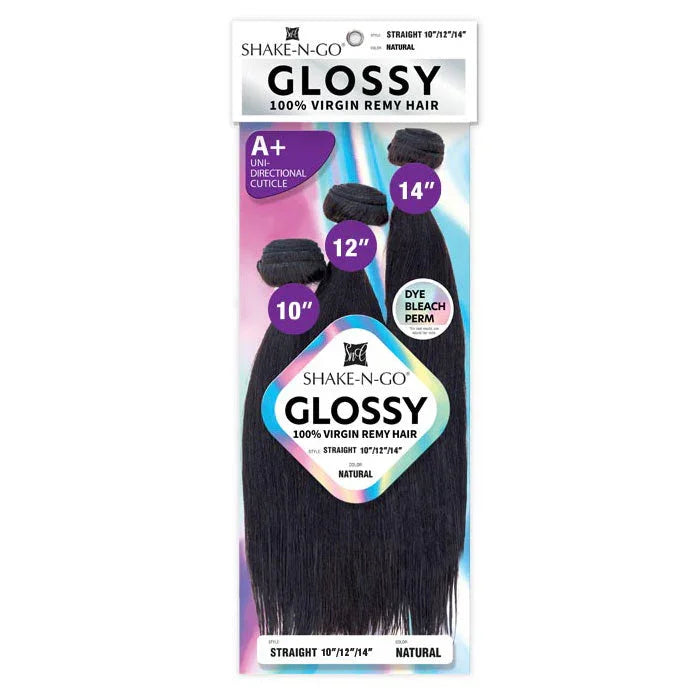Shake-N-Go Glossy 100% Virgin Remy Hair bundles in 10, 12, 14 inch straight natural lengths