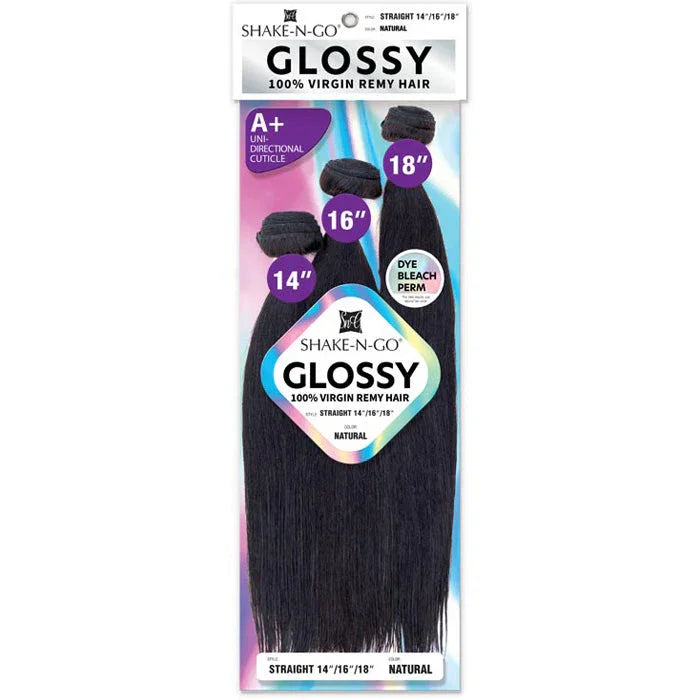 Shake-N-Go Glossy 100% Virgin Remy Hair bundles in 14", 16", 18" straight natural black