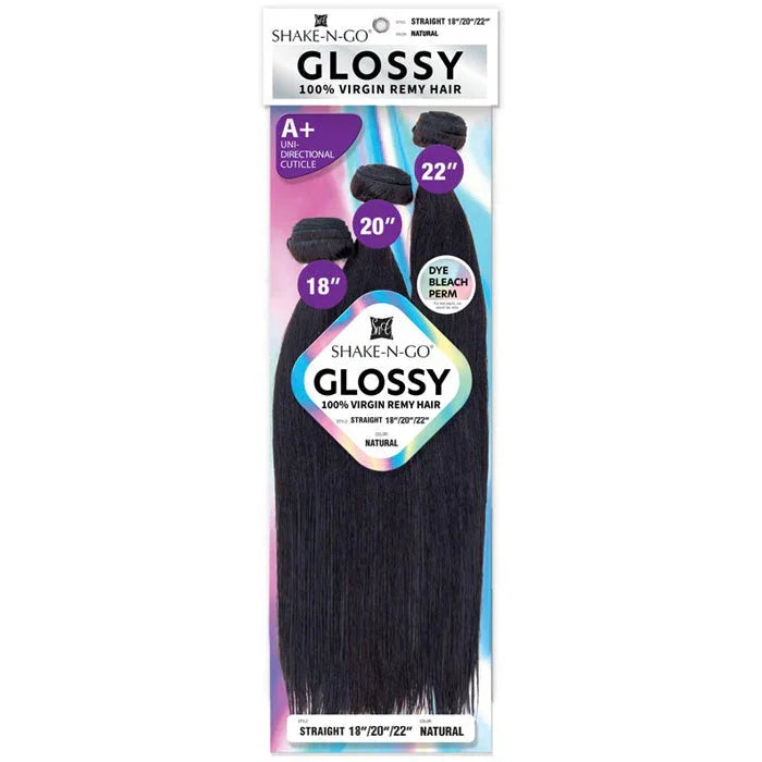 Shake-N-Go Glossy 100% Virgin Remy Hair bundles in 18, 20, 22 inch straight natural lengths
