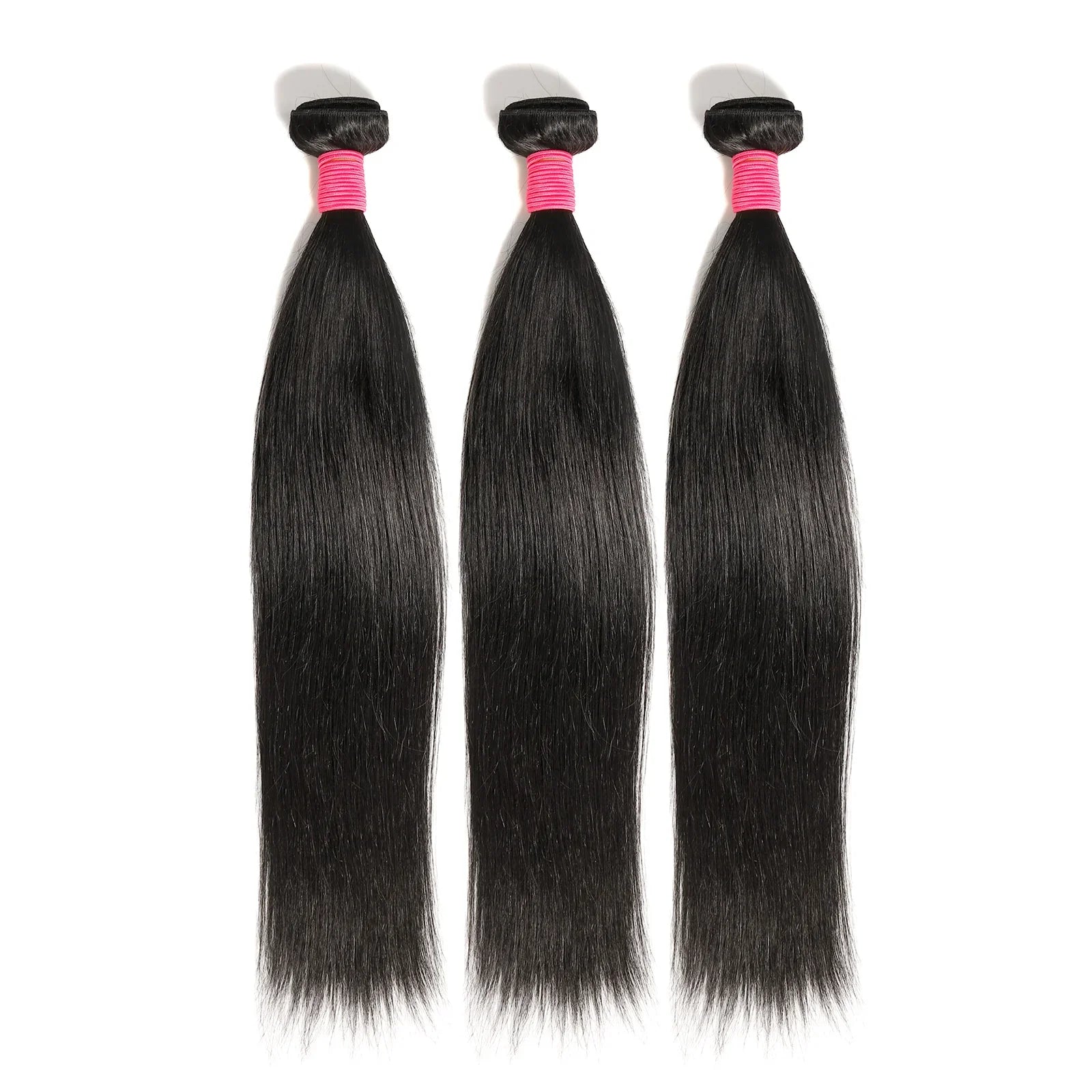 Three sleek black human hair bundles with pink bands, perfect for natural styling and extensions.