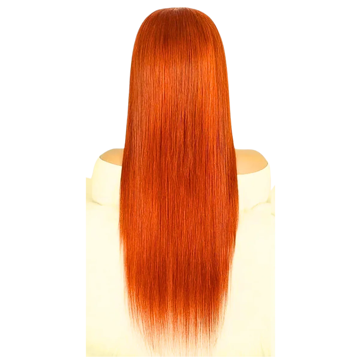 Vibrant orange human hair wig with sleek, straight texture on mannequin