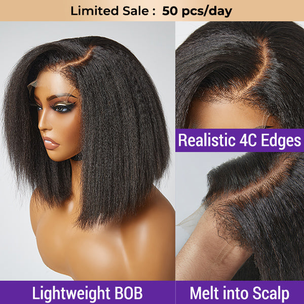 Flash Sale | 4C Edges | Deep Side Parted Minimalist Undetectable Lace Glueless Kinky Straight Bob Wig