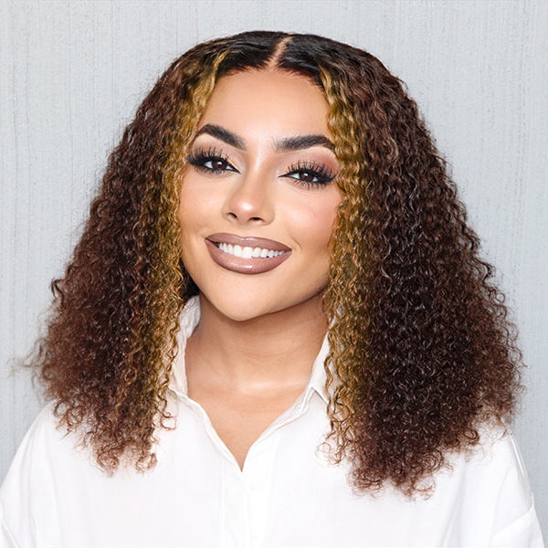 Mix Brown or Natural Black Kinky Curly 5x5 Closure HD Lace Glueless Mid Part Neck Length Wig 100% Human Hair