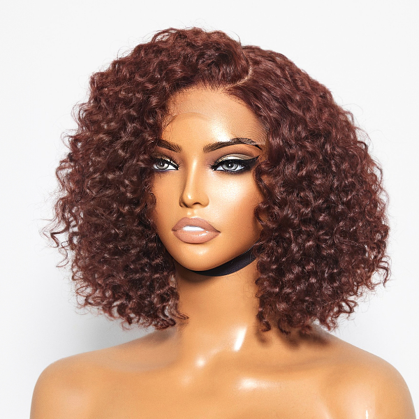 Reddish Brown Water Wave 4x4 Closure Lace Glueless C Part Short Wig 100% Human Hair | Summer Trendy